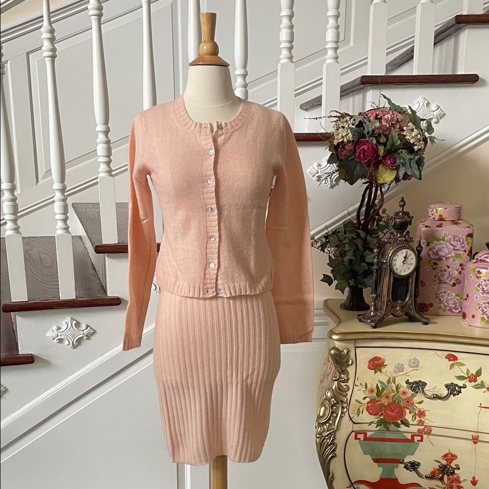 Moda International Peach Ribbed Pencil Skirt & Knit Cardigan Set